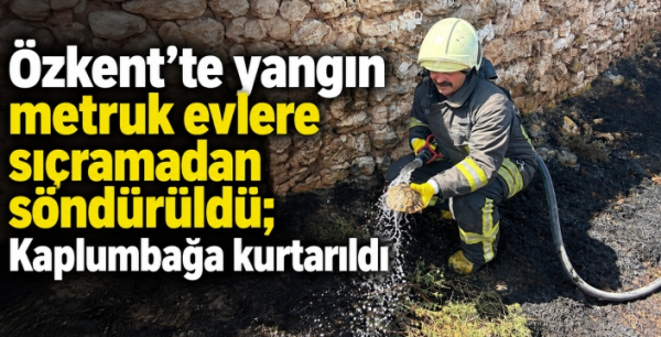 Özkent’te yangın metruk evlere sıçramadan söndürüldü; Kaplumbağa kurtarıldı
